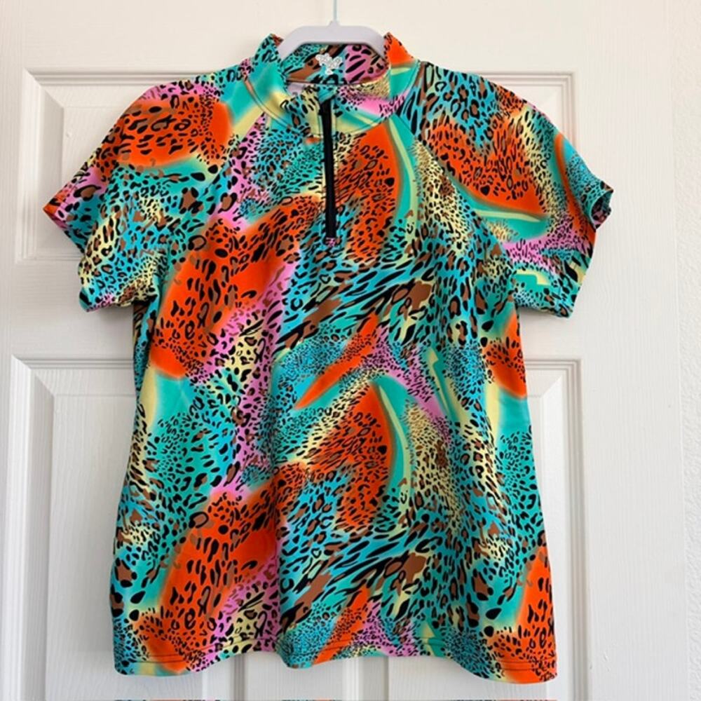 Tzu Tzu Polo Top Stand Up Collar 1/4 Zip Short Sleeve Animal Print Women's XL‎